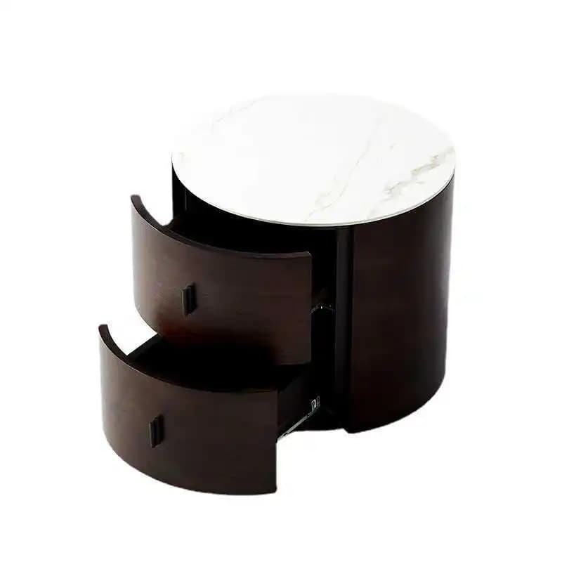 Italian Minimalist Round Bedside Table Smoked Bedroom Storage Cabinet Solid Wood Rock Slab Bedside Table Nordic 40CM Small