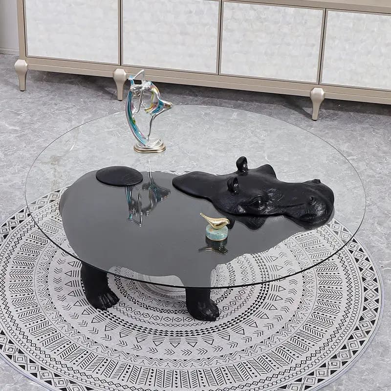 Designer fiberglass living room coffee table personalized sofa hippo animal shape tempered glass coffee table