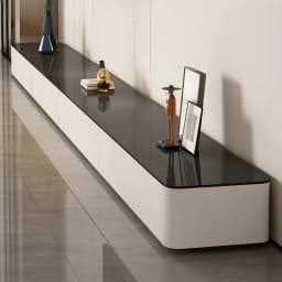 Modern Black & White TV Stand Glossy Stone Top Low Console Minimalist Living Room Cabinet for Small Apartment Home Furniture