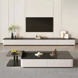 Modern Black & White TV Stand Glossy Stone Top Low Console Minimalist Living Room Cabinet for Small Apartment Home Furniture