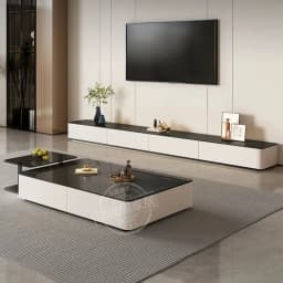 Modern Black & White TV Stand Glossy Stone Top Low Console Minimalist Living Room Cabinet for Small Apartment Home Furniture