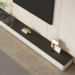 Modern Black & White TV Stand Glossy Stone Top Low Console Minimalist Living Room Cabinet for Small Apartment Home Furniture
