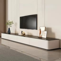 Modern Black & White TV Stand Glossy Stone Top Low Console Minimalist Living Room Cabinet for Small Apartment Home Furniture