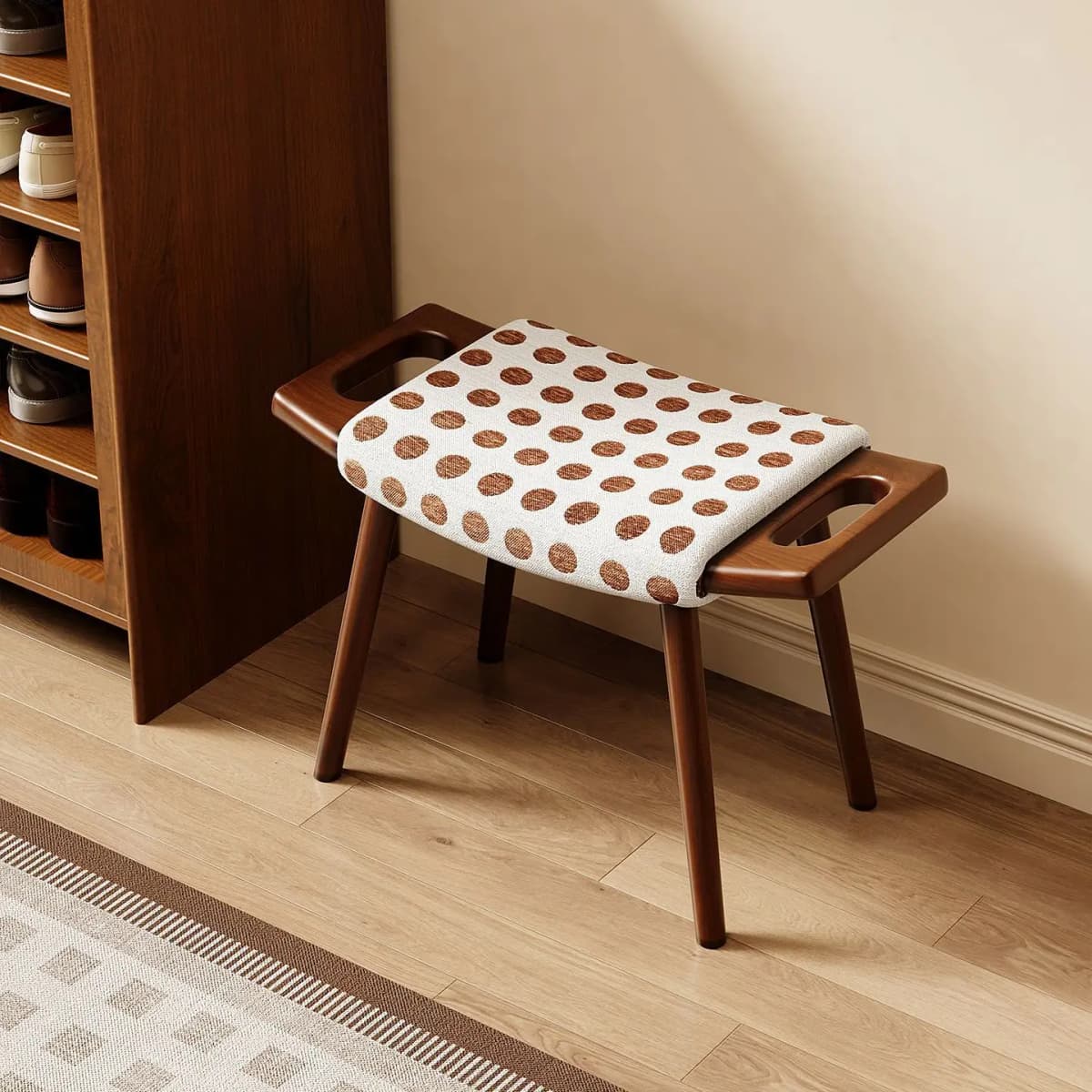 French Retro Solid Wood Vanity Stool, Mid-Century Makeup Chair for Bedroom Entryway Shoe Changing