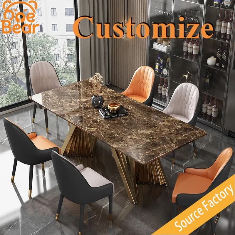 Any Size Custom Luxury Marble Dining Table With Gold Metal Frame Waterproof Wear Resistant Stable For Dining Guest Room