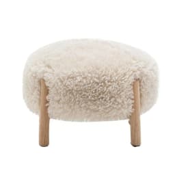 Nordic Creamy Ottoman, Solid Wood Footrest with Lambs Wool, Removable Washable Cover, Non Slip Pads, Stool for Sofa, Tea Table