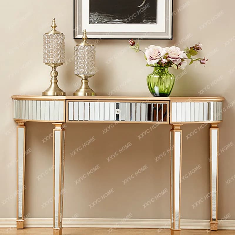 Light luxury mirrored entryway table, golden semi-circular entryway table, living room decorative side table