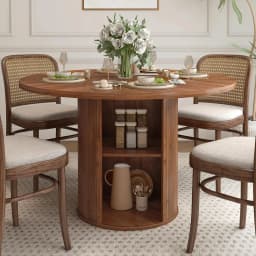 #Extendable Round-to-Oval Dining Table Hidden Storage Fluted Sliding Cabinet Kitchen Dining