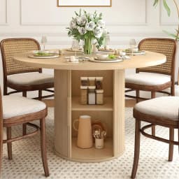 #Extendable Round-to-Oval Dining Table Hidden Storage Fluted Sliding Cabinet Kitchen Dining