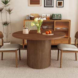 #Extendable Round-to-Oval Dining Table Hidden Storage Fluted Sliding Cabinet Kitchen Dining