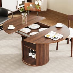 #Extendable Round-to-Oval Dining Table Hidden Storage Fluted Sliding Cabinet Kitchen Dining