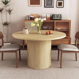 #Extendable Round-to-Oval Dining Table Hidden Storage Fluted Sliding Cabinet Kitchen Dining