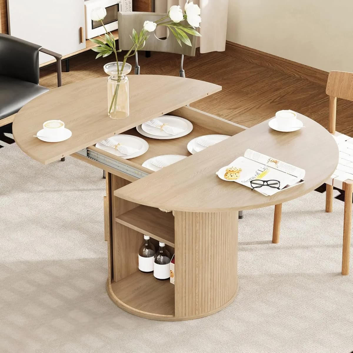 #Extendable Round-to-Oval Dining Table Hidden Storage Fluted Sliding Cabinet Kitchen Dining