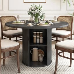 #Extendable Round-to-Oval Dining Table Hidden Storage Fluted Sliding Cabinet Kitchen Dining