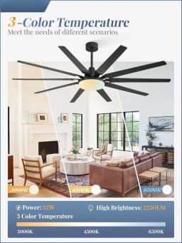 72 inch Large Ceiling Fans with Lights and Remote, Outdoor Black Ceiling Fan with 10 Blades, 32W LED ligh