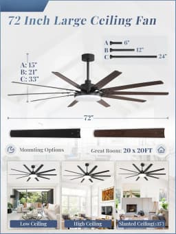 72 inch Large Ceiling Fans with Lights and Remote, Outdoor Black Ceiling Fan with 10 Blades, 32W LED ligh