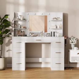 LK-Modern Bedroom Wood Makeup Vanity with LED Light Power Socket and 7 Drawers Elegant Dressing Table with Mirror#