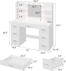 LK-Modern Bedroom Wood Makeup Vanity with LED Light Power Socket and 7 Drawers Elegant Dressing Table with Mirror#
