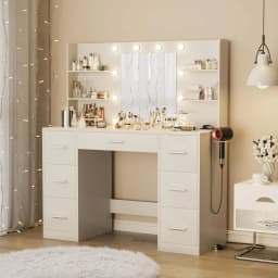 LK-Modern Bedroom Wood Makeup Vanity with LED Light Power Socket and 7 Drawers Elegant Dressing Table with Mirror#
