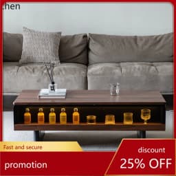 W5.19 walnut solid wood rock slab coffee table display modern black rectangular small apartment with lighting atmosphere