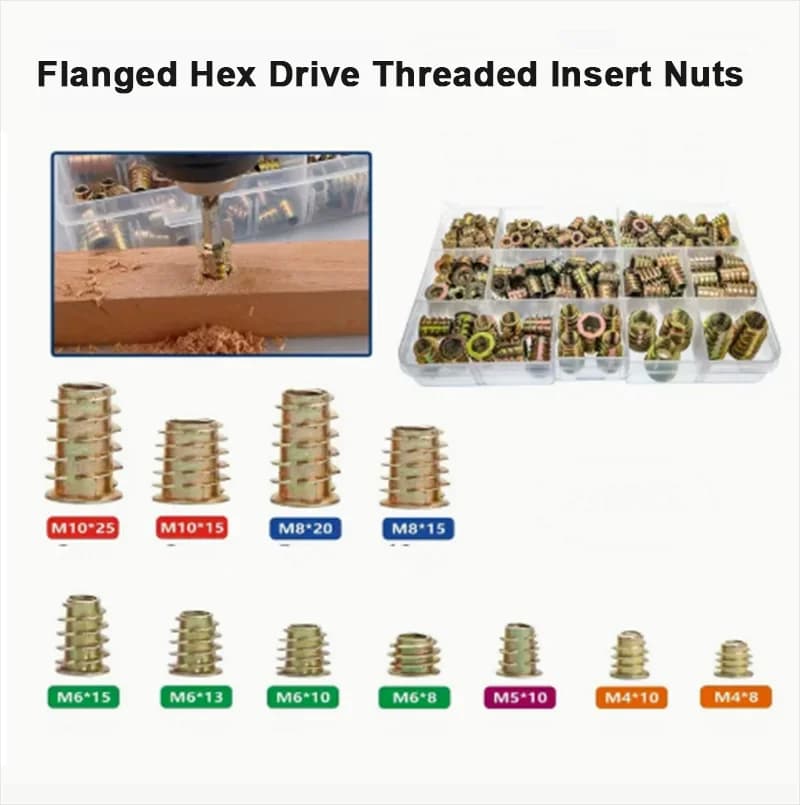 10-100Pcs Flanged Hex Drive Threaded Insert Nuts For Zinc Alloy M4 M5 M6 M8 M10 Furniture Insert Nut Length 6/6.5/8/10/13~30mm