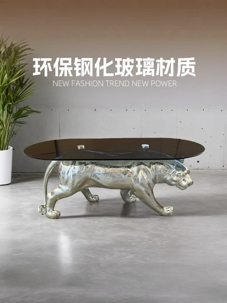 Leopard Sculpture Coffee Table Oval Tempered Glass Side Table Creative Animal Statue Tea Table Luxury Living Room Bar Decor Gift
