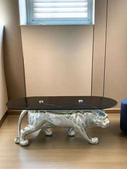 Leopard Sculpture Coffee Table Oval Tempered Glass Side Table Creative Animal Statue Tea Table Luxury Living Room Bar Decor Gift