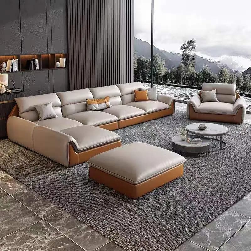 Modern Living Room Sectional Sofa With Comfort Cushions And Synthetic Leather Upholstery For Family Seating And Home Lounge Use