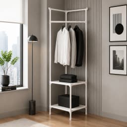 Corner Garment Rack with Storage Shelves, Freestanding Corner Coat Stand for Bedroom Small Apartment