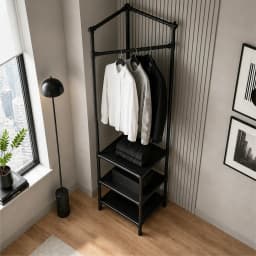 Corner Garment Rack with Storage Shelves, Freestanding Corner Coat Stand for Bedroom Small Apartment
