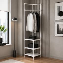 Corner Garment Rack with Storage Shelves, Freestanding Corner Coat Stand for Bedroom Small Apartment