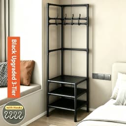 Corner Garment Rack with Storage Shelves, Freestanding Corner Coat Stand for Bedroom Small Apartment