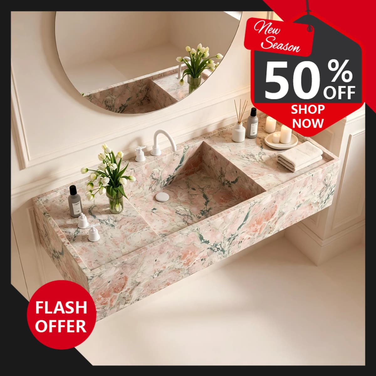 Custom Natural Marble Integrated Sink, Floating Wall Hung Vanity Basin, Natural Veins Easy Clean for Hotel Commercial Bathroom