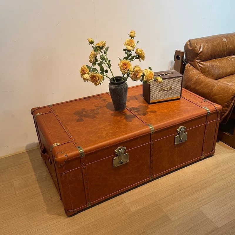 Medieval style living room leather case, coffee table storage box, retro oil wax leather hard box, coffee table rectangular coff