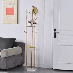 Luxury Metal Freestanding Coat Rack Tree Shape Garment Rack Adjustable Height Coat Stand with Storage Shelves for Hallway Home
