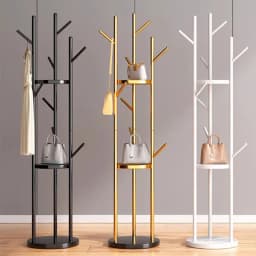 Luxury Metal Freestanding Coat Rack Tree Shape Garment Rack Adjustable Height Coat Stand with Storage Shelves for Hallway Home