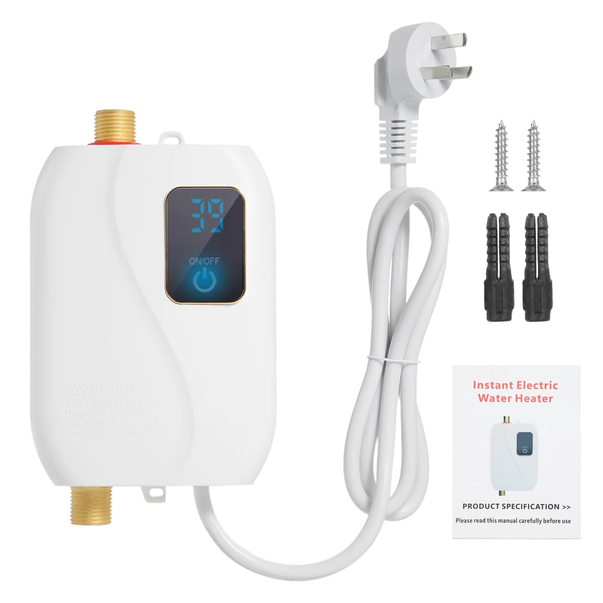 Instant Water Heater 220V 3500W White Mini Electric Tankless Hot Water Heater with LCD Display for Shower Bathroom Kitchen