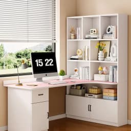 L Shaped Desk with 3 Drawers Corner Computer Desk with Power Outlets Large Storage L-Shaped Desk with Cabinet & Printer Stand