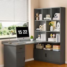 L Shaped Desk with 3 Drawers Corner Computer Desk with Power Outlets Large Storage L-Shaped Desk with Cabinet & Printer Stand