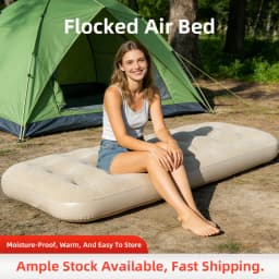 Beige Flocked Inflatable Mattress Portable Air Bed for Home Camping Travel Guest Room