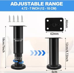 4PCS Adjustable Furniture Couch Cabinet Legs , Heavy Duty Adjustable Height Replacement Legs for Dresser/Sofa/Bed/Chair
