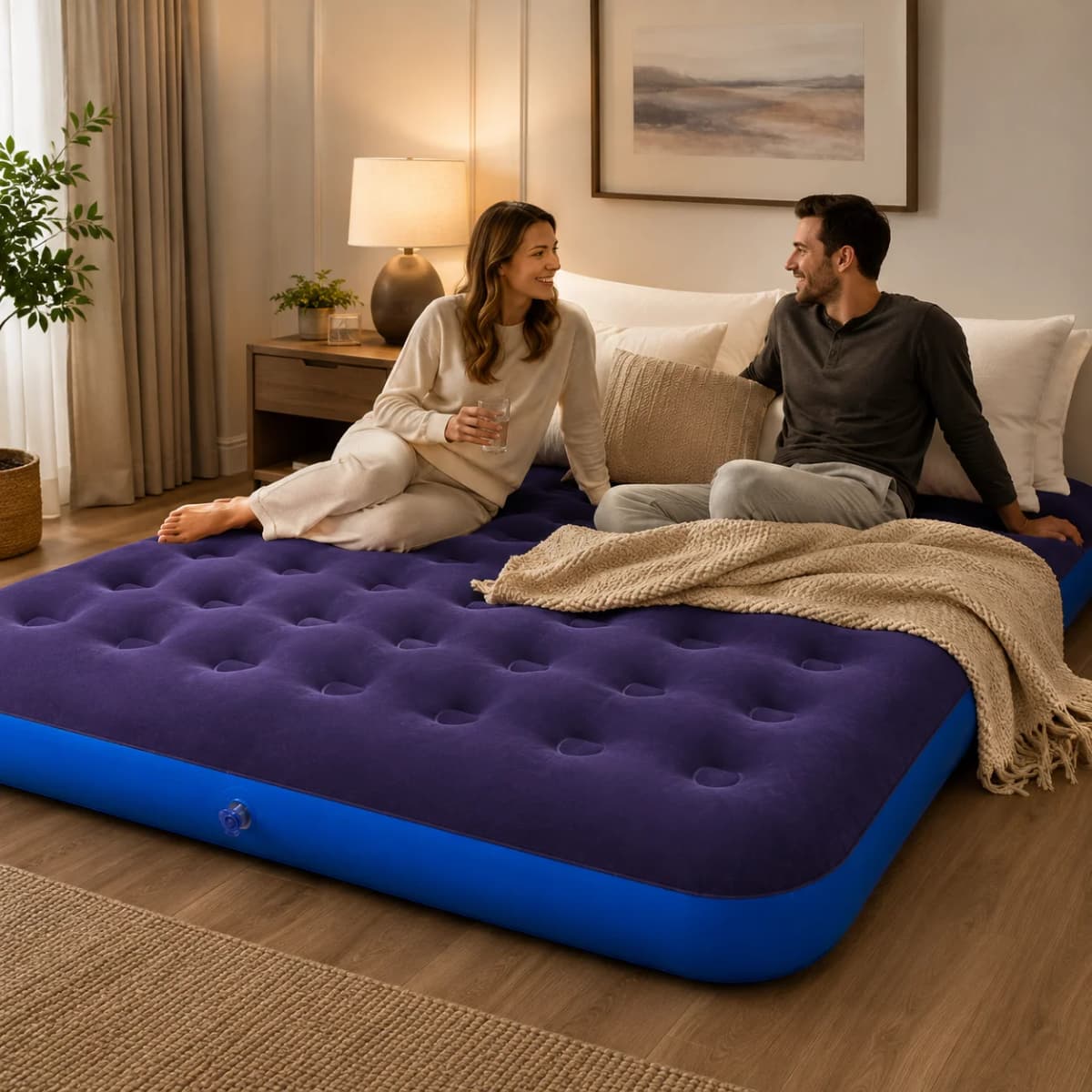 1PC Inflatable Air Mattress Bed with Built-in Pump, Flocked Surface Durable Portable Air Bed for Home Guest Camping Travel