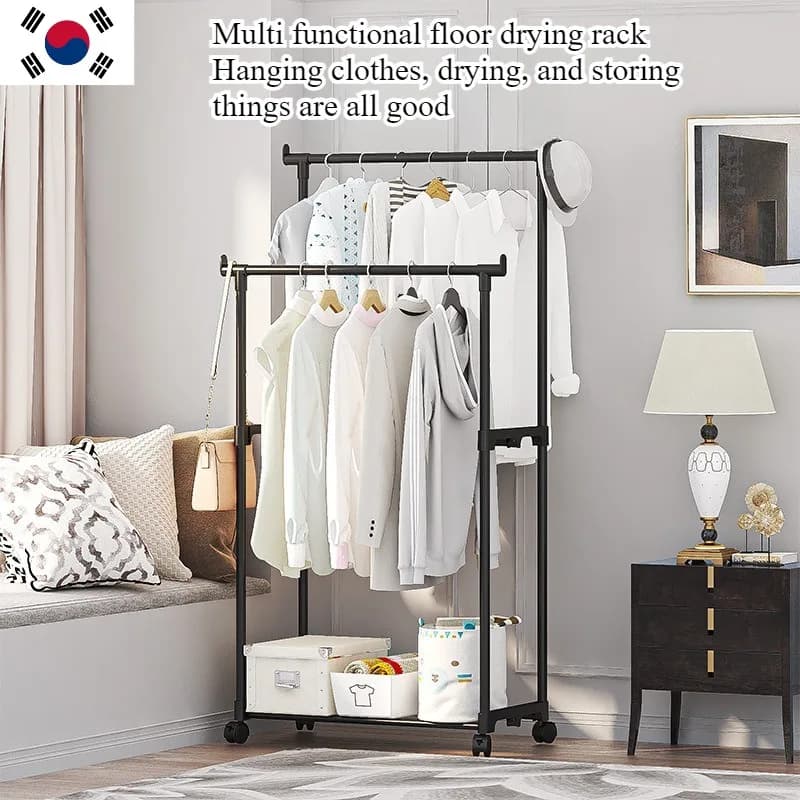 Simple floor-to-ceiling bedroom pants rack, shoe and hat integrated rack, single and double rod with wheel drying rack