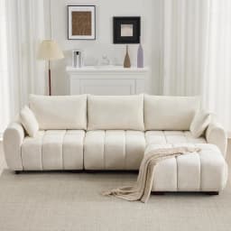 #112" Mid Century Modern L Shaped Couch, 3 Seater Modular Sectional Sofa with Movable Ottoman, Deep Seat and Solid Wood, Custom