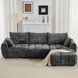 #112" Mid Century Modern L Shaped Couch, 3 Seater Modular Sectional Sofa with Movable Ottoman, Deep Seat and Solid Wood, Custom