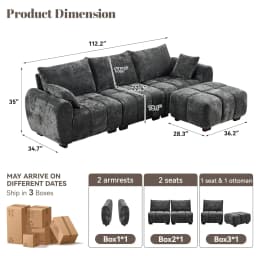 #112" Mid Century Modern L Shaped Couch, 3 Seater Modular Sectional Sofa with Movable Ottoman, Deep Seat and Solid Wood, Custom