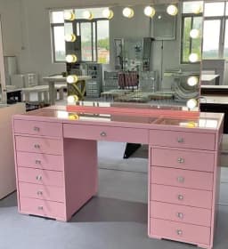White Black Affordable Hollywood Style Glass Top Makeup Vanity Desk Dressing Table with Chair and LED Mirror