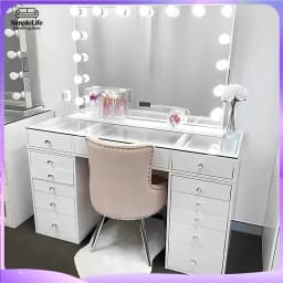 White Black Affordable Hollywood Style Glass Top Makeup Vanity Desk Dressing Table with Chair and LED Mirror