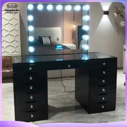 White Black Affordable Hollywood Style Glass Top Makeup Vanity Desk Dressing Table with Chair and LED Mirror