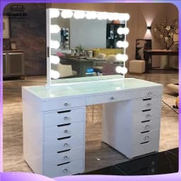 White Black Affordable Hollywood Style Glass Top Makeup Vanity Desk Dressing Table with Chair and LED Mirror